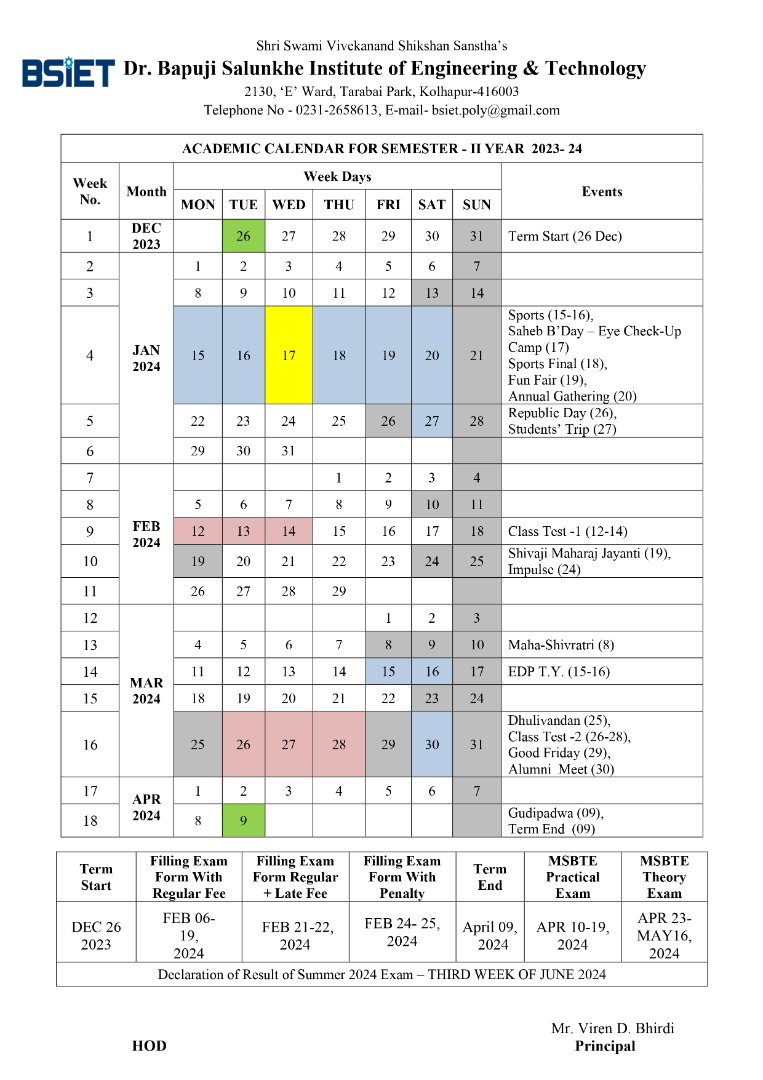 Academic Calender – Department Of Electrical Engineering